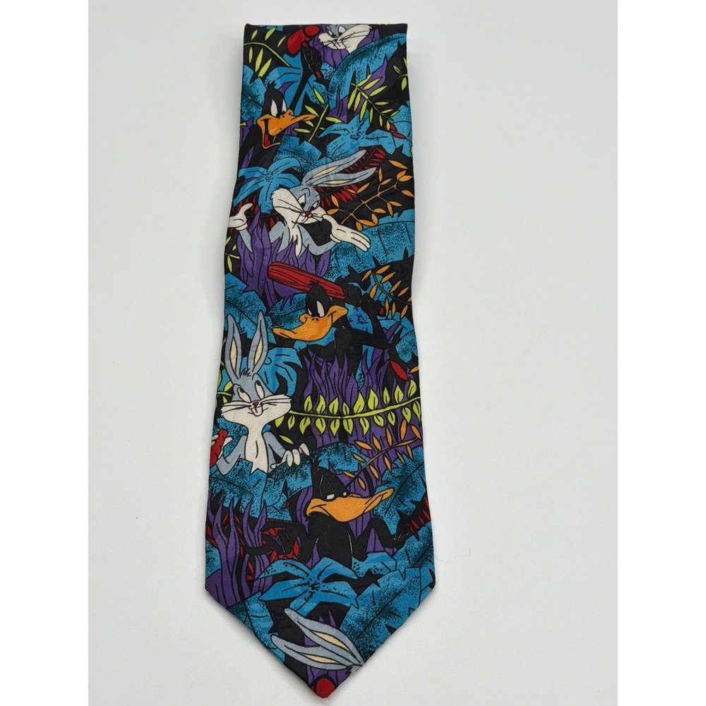 Vintage 1992 Looney Tunes Bugs Bunny Daffy Duck Jungle Print Necktie Teal 90s